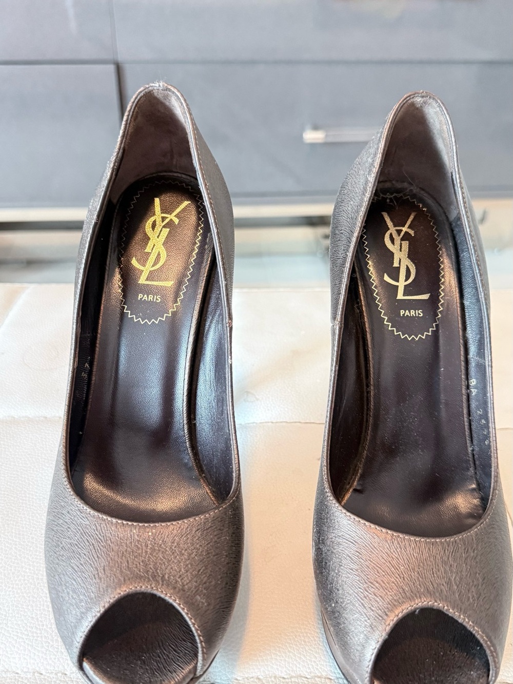 Yves Saint Laurent Metallic Taupe Peep-Toe Platform Pumps - Picture 2 of 6